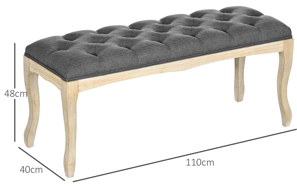 HOMCOM Bancă capitonată stil clasic 110 cm, capăt de pat tapitat cu in, picioare din lemn de hevea sculptat, Lin Gri | Aosom Romania