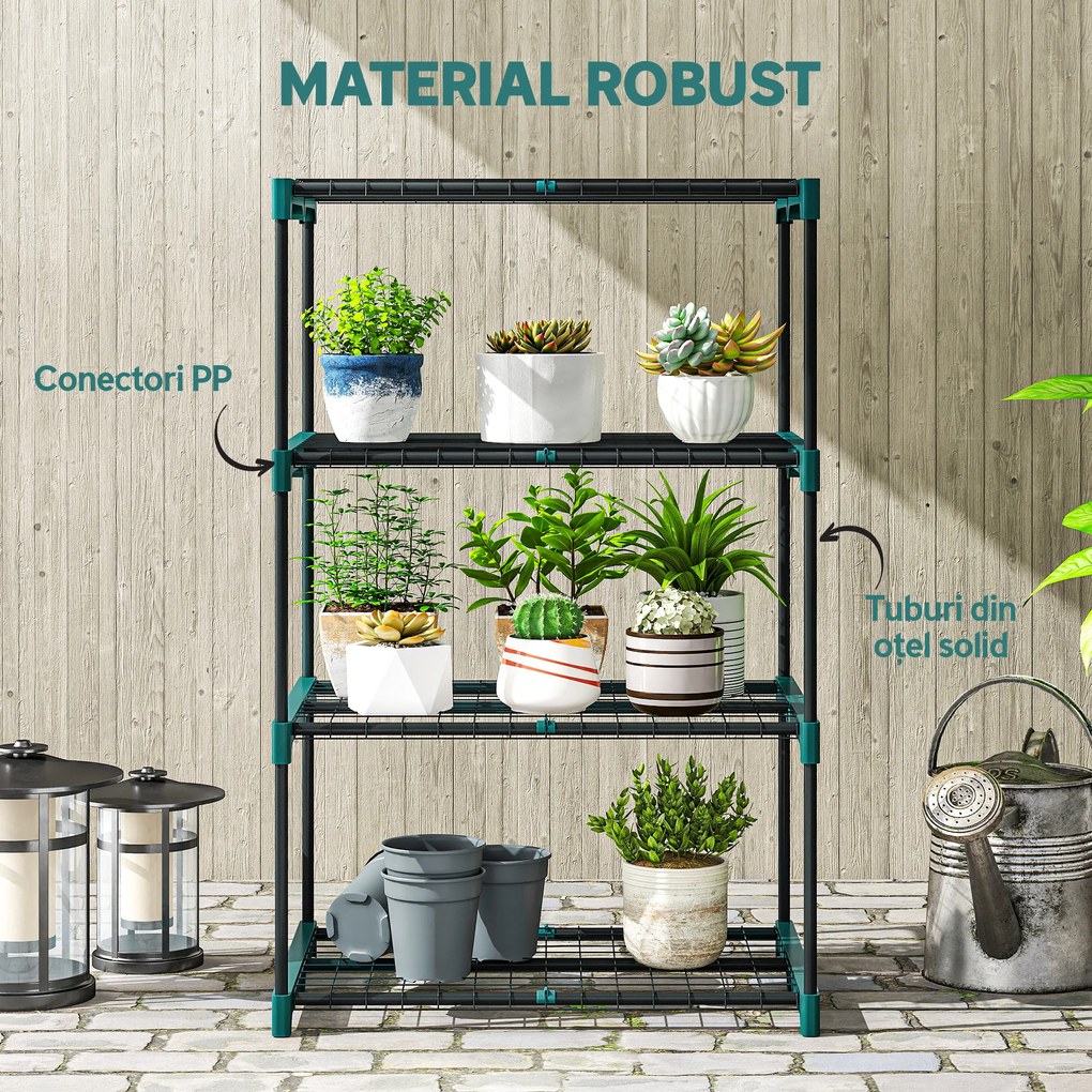 Outsunny Suport Vertical pentru Plante cu 4 Niveluri din Oțel și Plastic, Suport pentru Ghivece de Interior și Exterior, Grădină, Balcon, 67x49x105 cm, Verde Închis | Aosom Romania