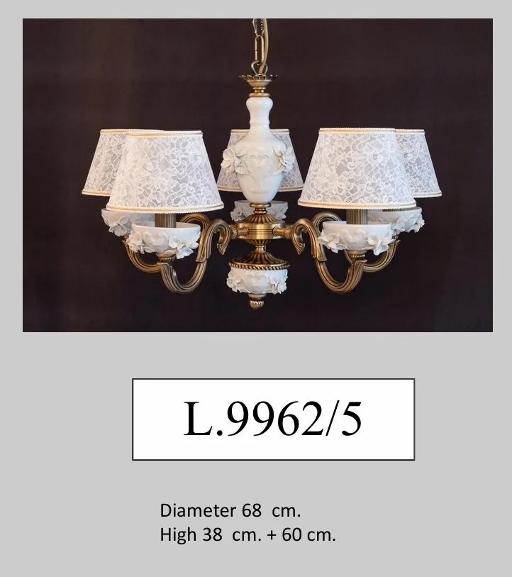 Lustra design italian cu 5 brate din alama si portelan alb 9962