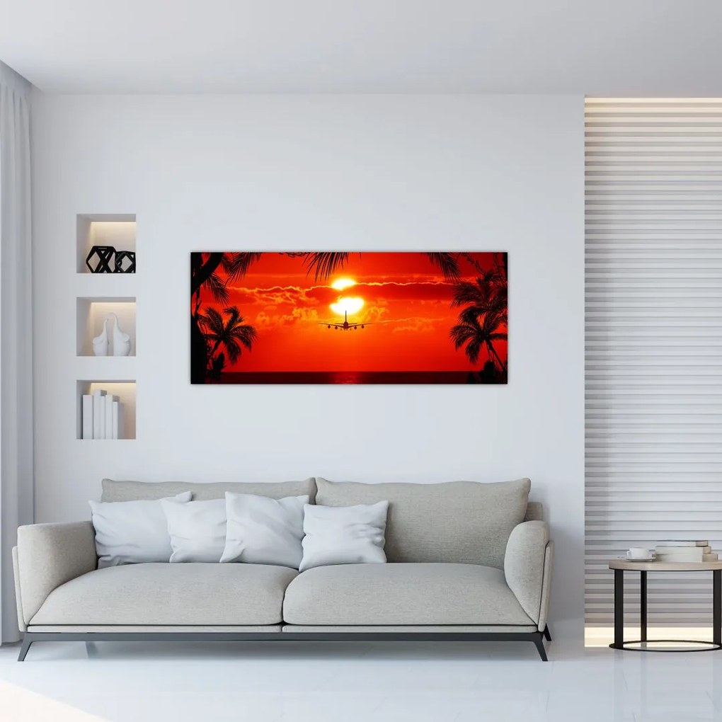 Tablou - apus de soare cu avion (120x50 cm)