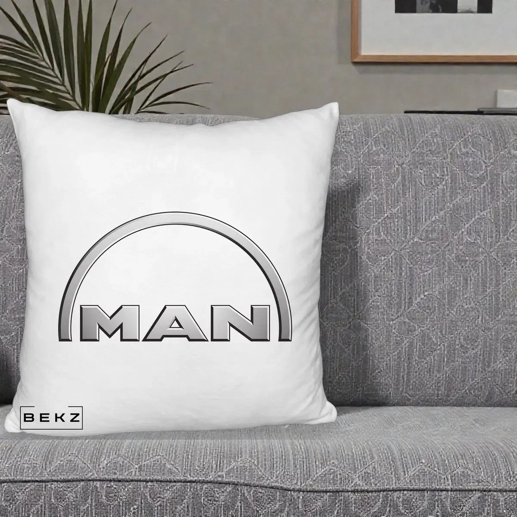 Perna Personalizata cu emblema MAN, 40x40 cm, Alb Pufos, Husa Detasabila, Perna Inclusa, BEKZ®