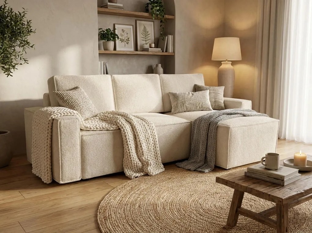 Canapea extensibila de colt SMART BOUCLE, crem, reversibila, 232x143 cm