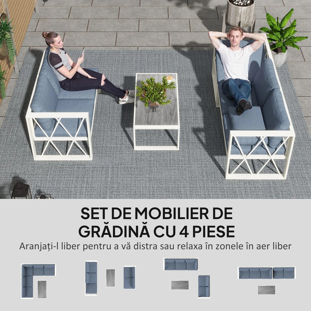 Outsunny Set Mobilier de Grădină din 4 Piese cu 2 Canapele, Fotoliu Reglabil și Măsuță de Cafea, 121x61x62 cm, Gri | Aosom Romania