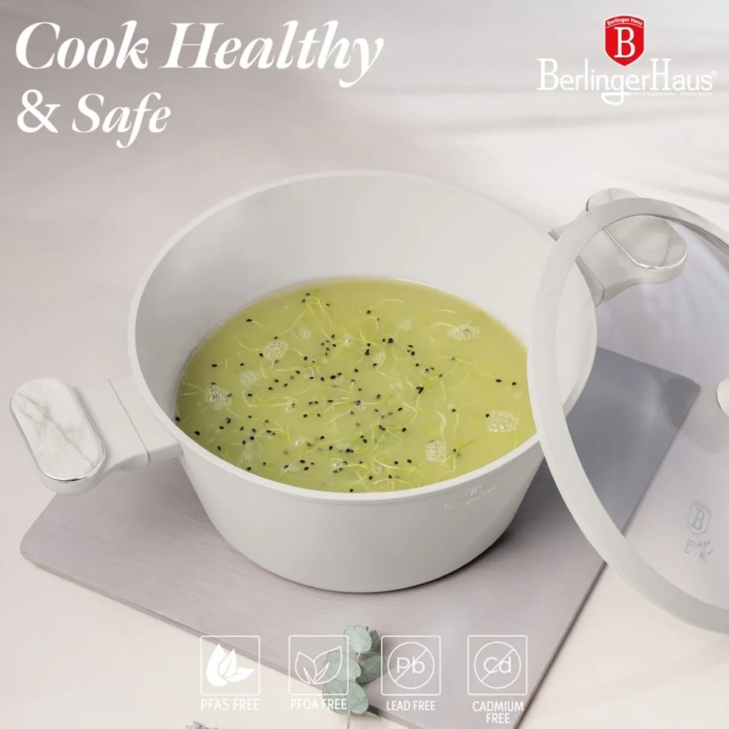 Set oale si tigai cu capace 15 piese Sahara Marble Berlinger Haus BH8401, crem, antiaderente, compatibile inductie