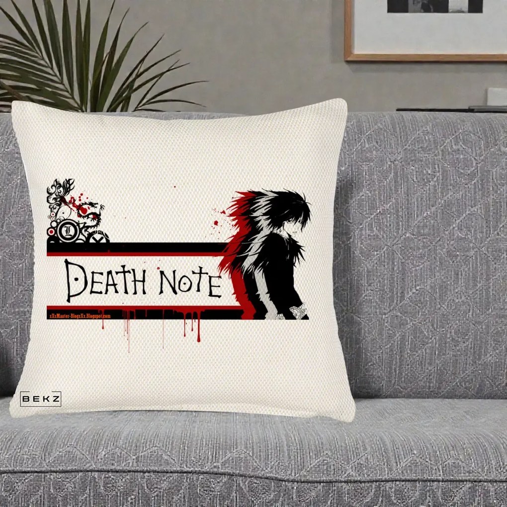 Perna Personalizata Death Note L Lawliet Rosu-Negru, 40x40 cm, Crem Reliefat, Husa Detasabila, Perna Inclusa, BEKZ®