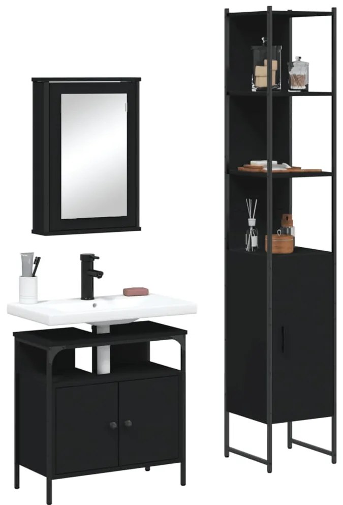 vidaXL Set mobilier de baie, 3 piese, negru, lemn compozit