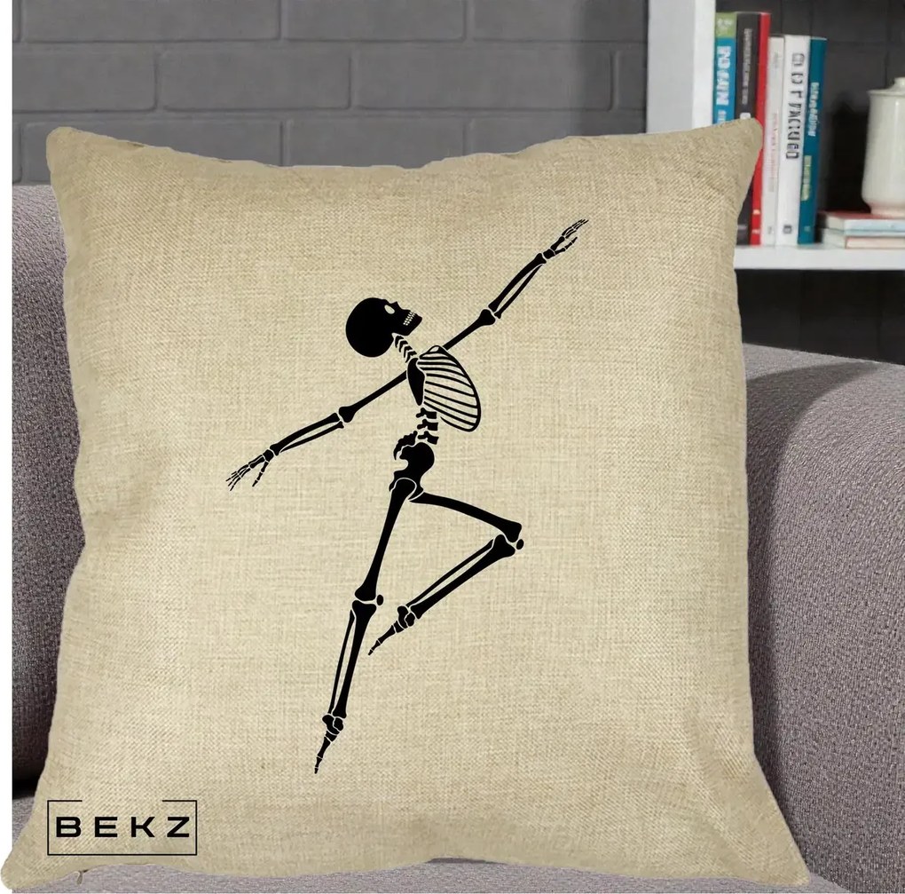 Perna Decorativa Schelet Dansator Silueta Neagra Halloween, 40x40 cm, Crem, Husa Detasabila, Perna Inclusa, BEKZ®