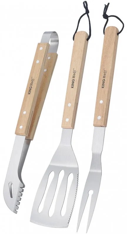 Set 3 ustensile BBQ Kinghoff KH 1918, Spatula, Spatula, Furculita, Manere din lemn, Orificiu pentru agatat, Inox / Maro