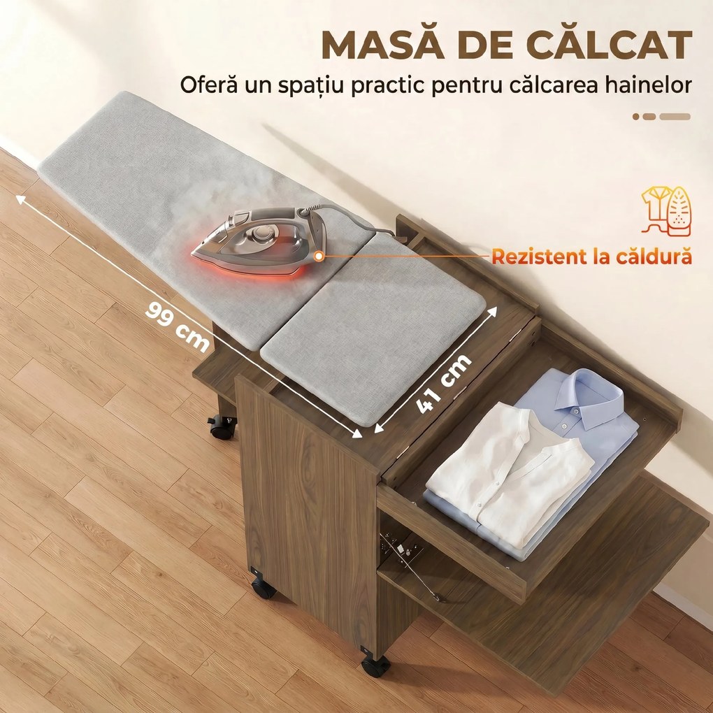 HOMCOM Dulap Masă de Călcat Pliabil cu Suport pentru Fier și Haine cu Compartiment Deschis, 154x55x87 cm, Maro | Aosom Romania