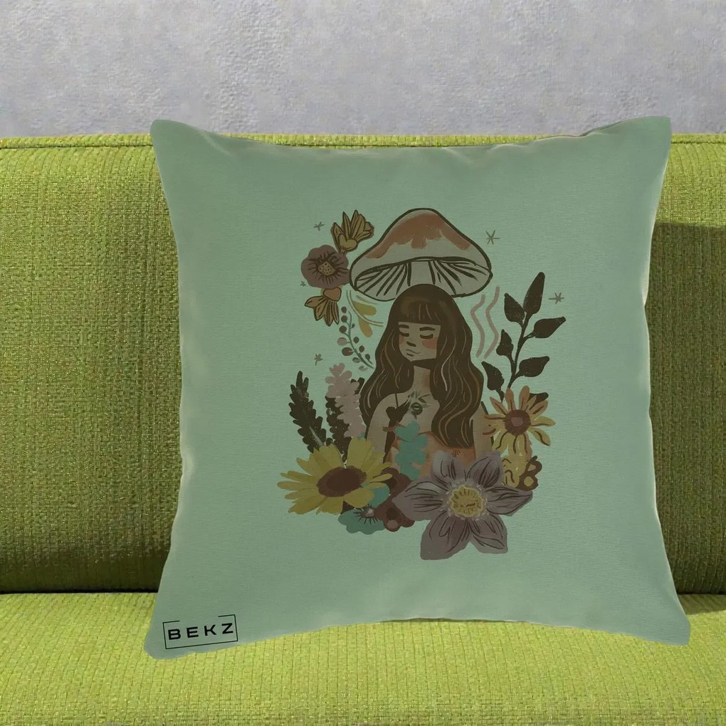 Perna Decorativa Fata Ciuperca Boho Florala, 40x40 cm, Verde, Husa Detasabila, Perna Inclusa, BEKZ®