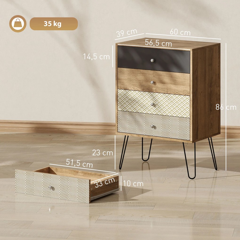 HOMCOM Comodă cu 4 sertare Picioare tip furcă din oțel Stil boem 60x39x86 cm Multicolor | Aosom Romania
