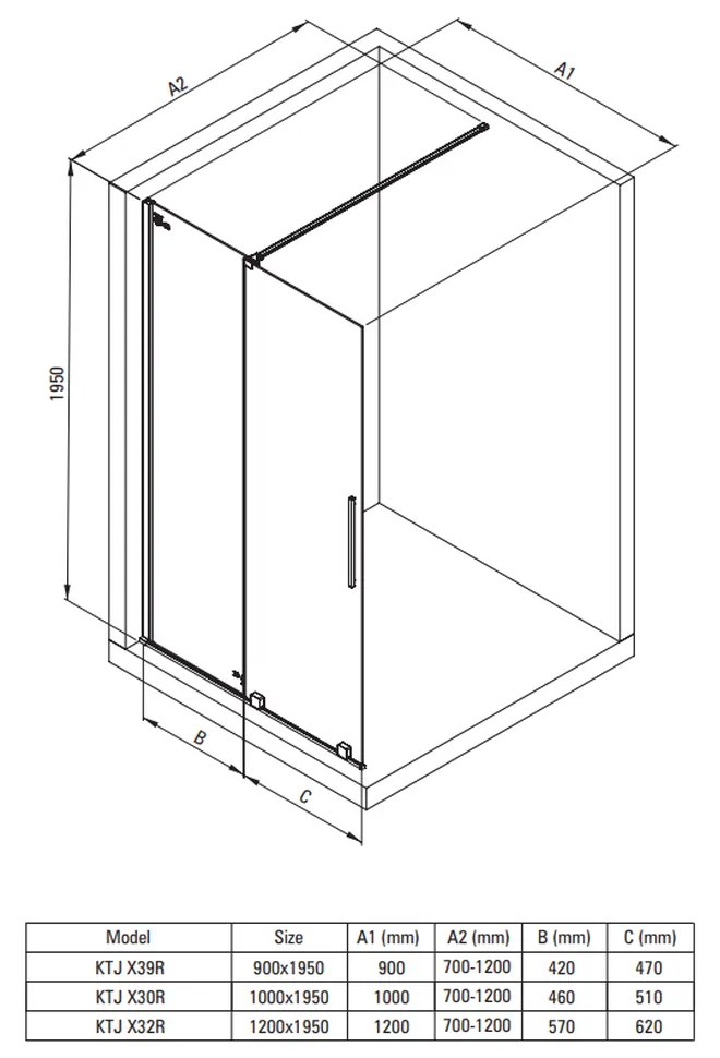 Paravan dus sticla securizata walk-in cu usa glisanta, 100x195 cm, otel slefuit, Deante Prizma Otel slefuit, 1000x1950 mm