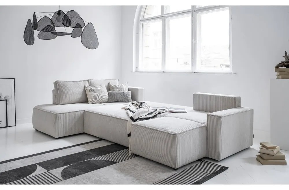 Colțar alb extensibil cu tapițerie din catifea reiată (cu colț pe partea stângă /în formă de "U") Brave Dave – Miuform