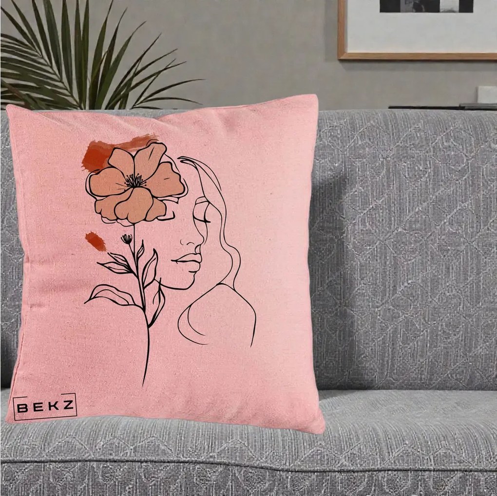 Perna Decorativa Portret Feminin Floare Bej Terracotta, 40x40 cm, Roz, Husa Detasabila, Perna Inclusa, BEKZ®
