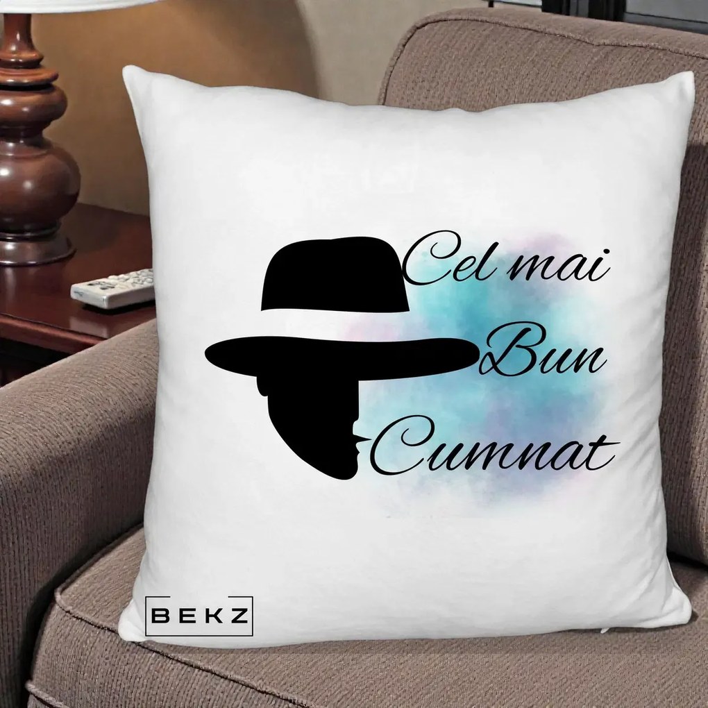 Cadou pentru Cumnat - Perna Personalizata Cel mai Bun Cumnat cu Silueta Palarie si Pete Teal-Roz, 40x40 cm, Alb Pufos, Husa Detasabila, Perna Inclusa, BEKZ®