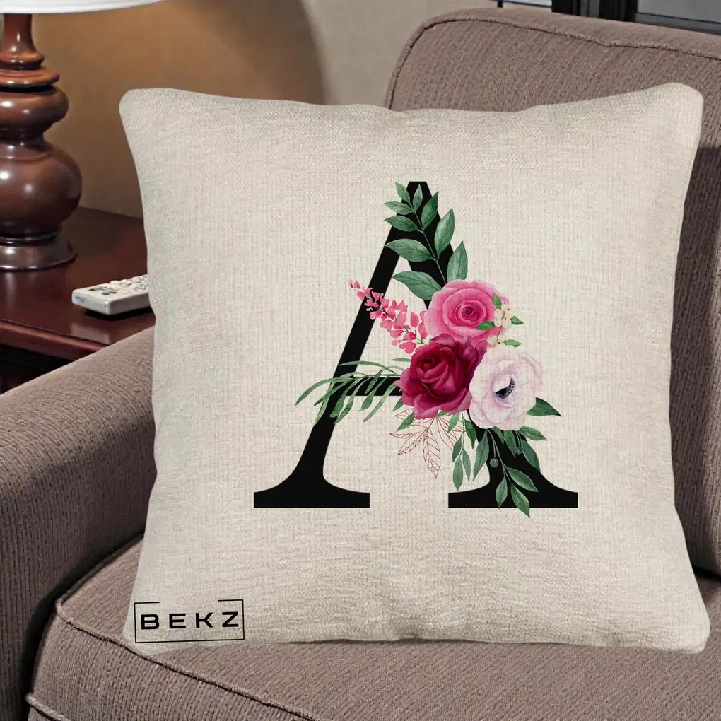 Cadou Personalizat - Perna Personalizata Monograma Florala Litera A, 40x40 cm, Bej Canapea, Husa Detasabila, Perna Inclusa, BEKZ®