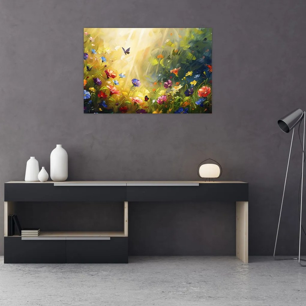 Tablou - Pajiște cu flori de primăvară, pictură (90x60 cm)