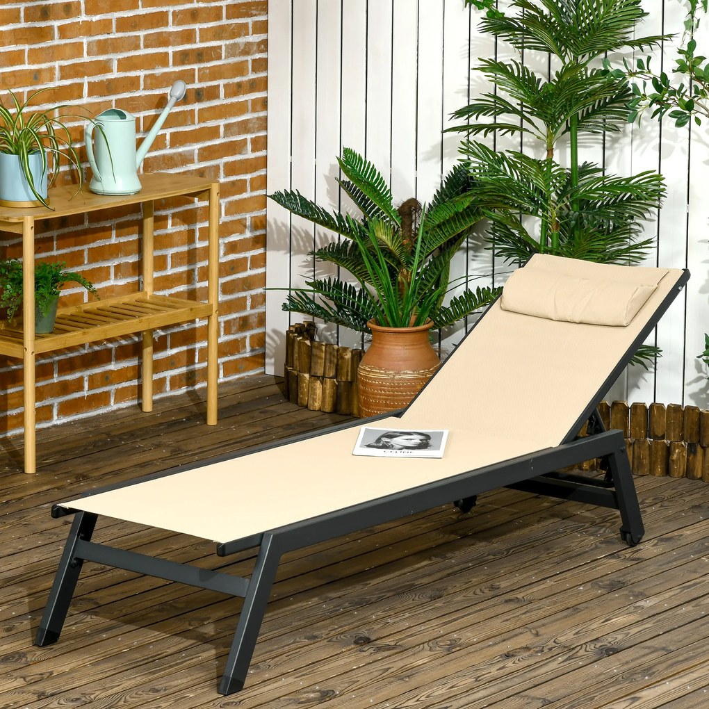 Outsunny Șezlong de soare din aluminiu și textilene cu roți și suport pentru cap, spătar reglabil, kaki | Aosom Romania