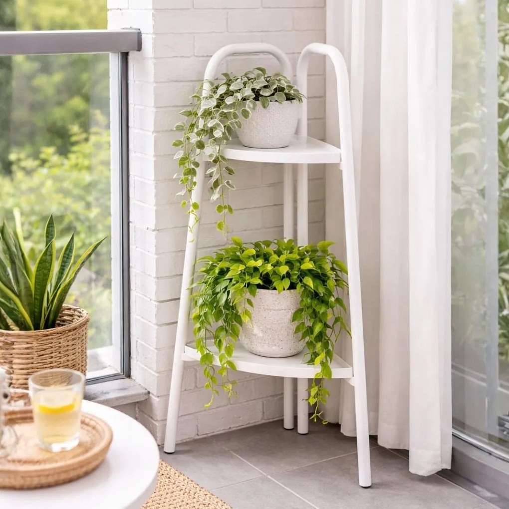 Raft de colț pentru flori din metal, culoare alb, 26x26x70 cm