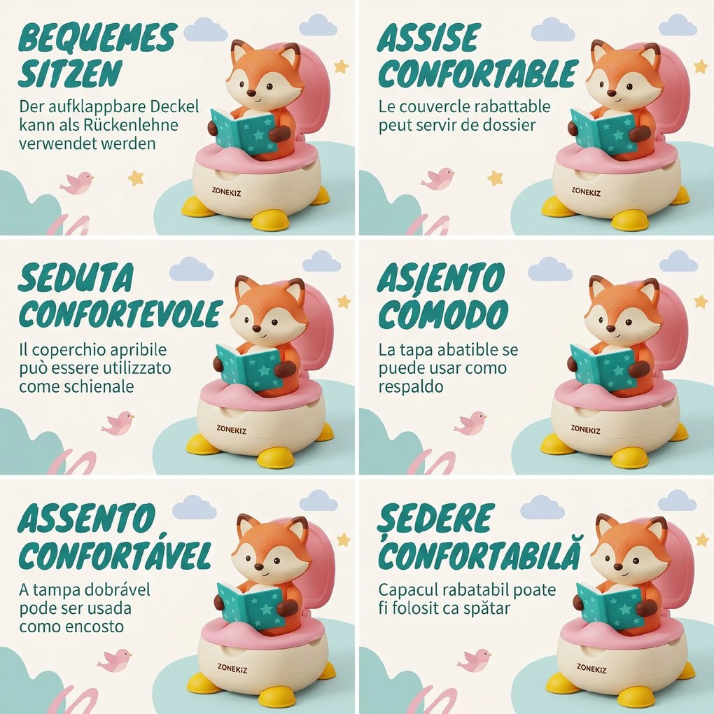 ZONEKIZ Oliță pentru Copii cu Spătar și Design de Vulpe, Toaletă pentru Copii cu Capac cu Vas Detașabil și Cotiere, 34.5x35x23 cm, Roz
