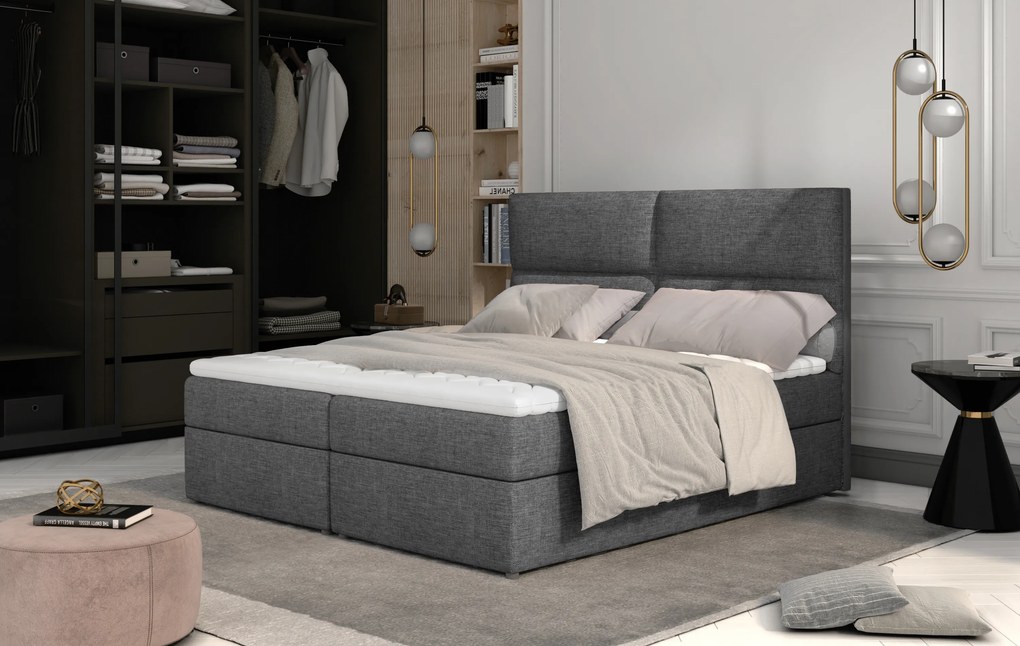 Pat matrimonial Boxspring 160 cm Amebra (gri deschis) (cu saltele și sp. depozitare). 1025389
