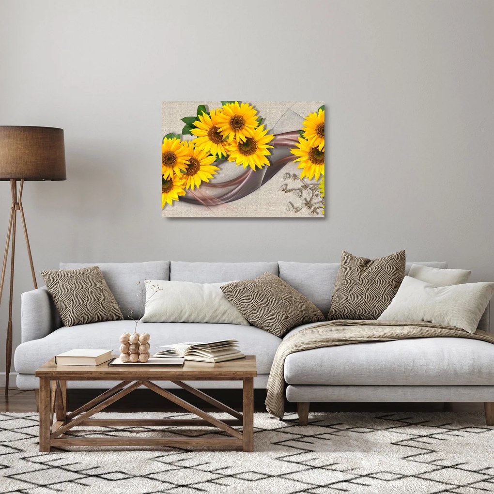 Tablou pe sticlă - Flori strălucitoare de floare soarelui (70x50 cm)