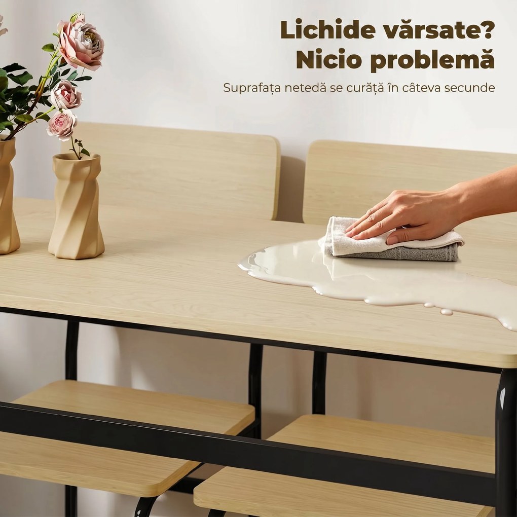 HOMCOM Set de Masă Rectangulară și 4 Scaune, Negru și Culoare Lemn | Aosom Romania