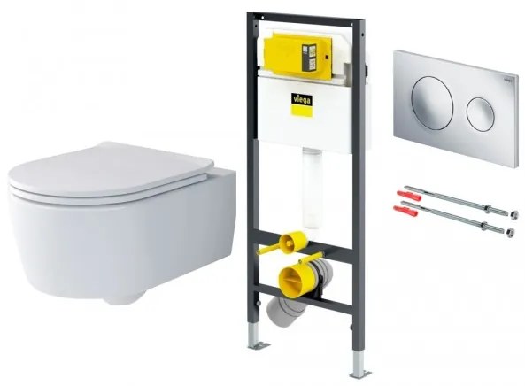 Set vas WC rimless suspendat, Villeroy&Boch Soul, cu capac inchidere lenta, rezervor si clapeta Viega Prevista