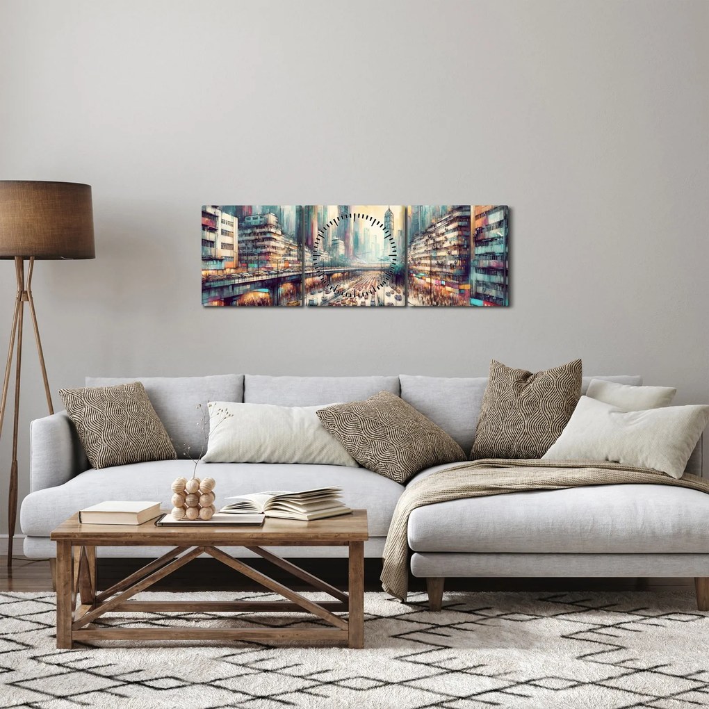 Tablou - Viața din marele oraș (cu ceas) (90x30 cm)