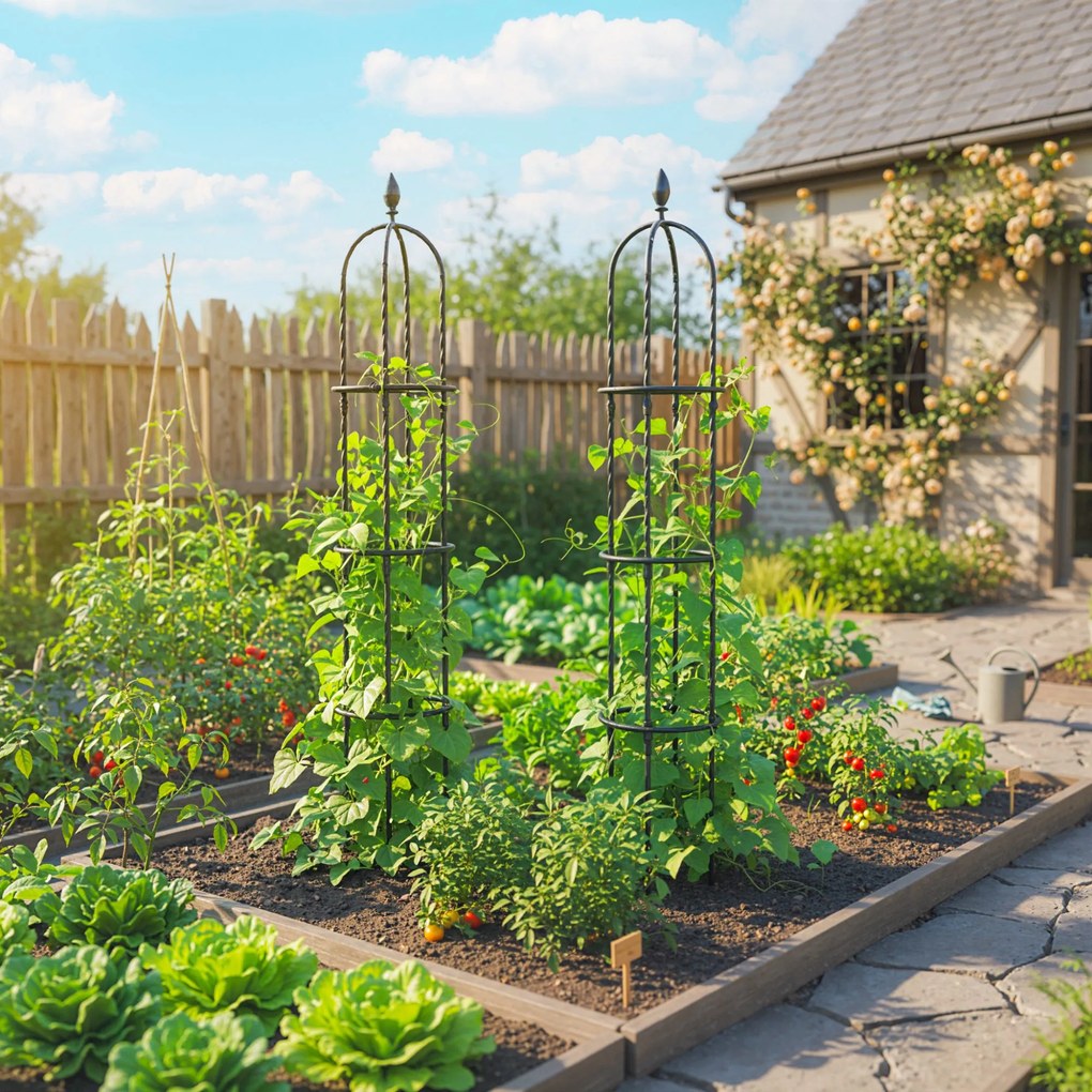 Outsunny Set de 2 Suporturi pentru Plante Cățărătoare înalte de 1,74 m, Suporturi din Oțel cu Decorațiuni, pentru Trandafiri, Roșii, Flori, Mazăre și Legume, Negru | Aosom Romania