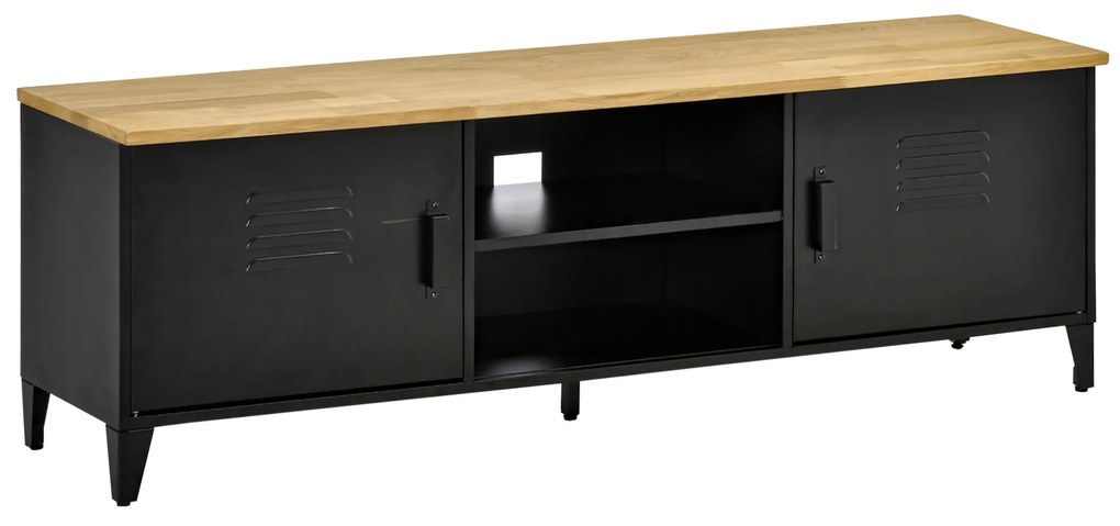 HOMCOM Mobilier TV Banc TV pentru televizoare de 55'' cu 2 Dulapuri Picioare Reglabile Cadru metalic negru Tablou din lemn natural 150 x 40 x 50 cm | Aosom Romania
