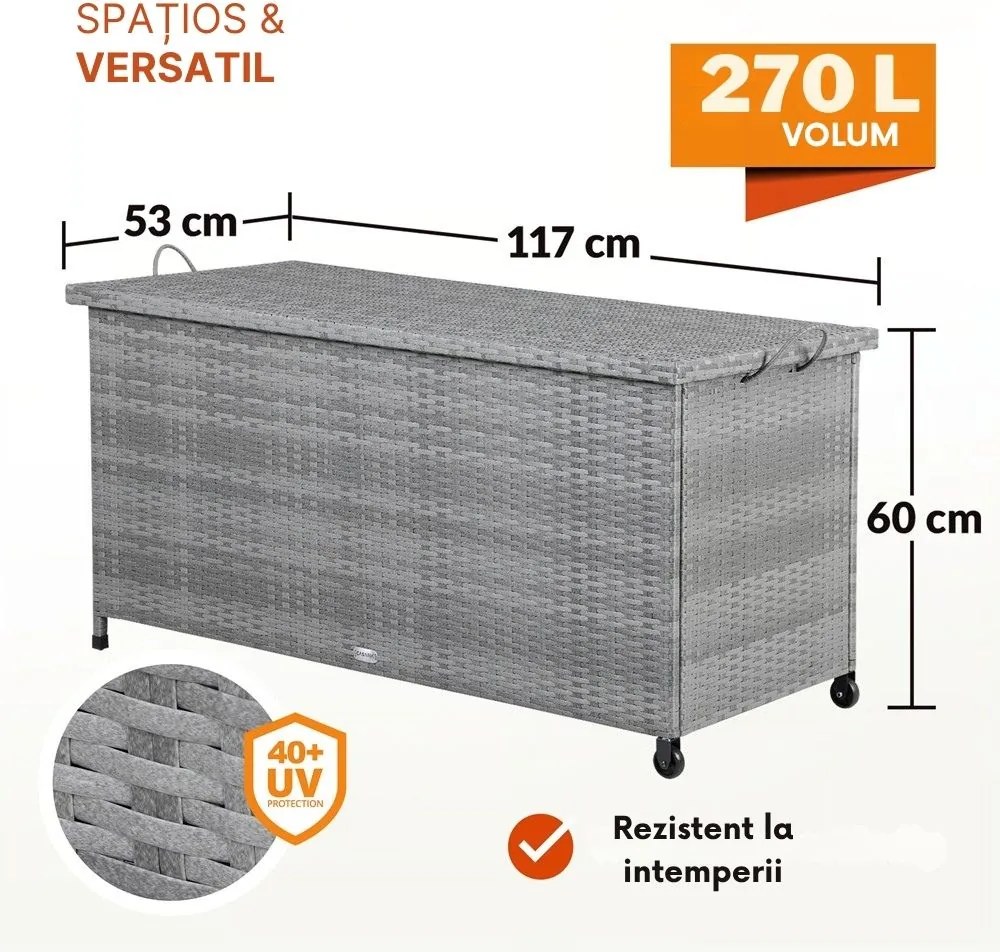 Ladă de depozitare din poliratan RICCO, 270L, 117x53x60cm, gri Casaria