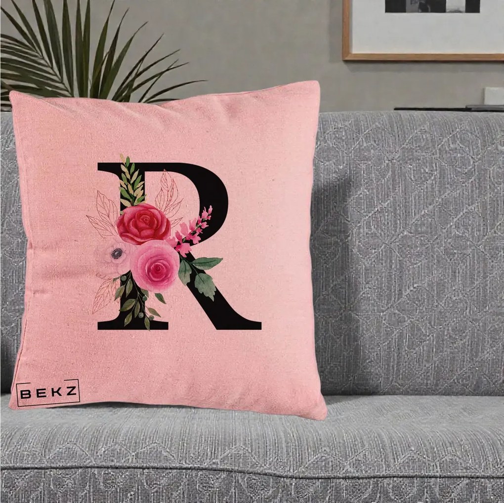 Cadou Personalizat - Perna Personalizata Monograma Florala Litera R, 40x40 cm, Roz, Husa Detasabila, Perna Inclusa, BEKZ®
