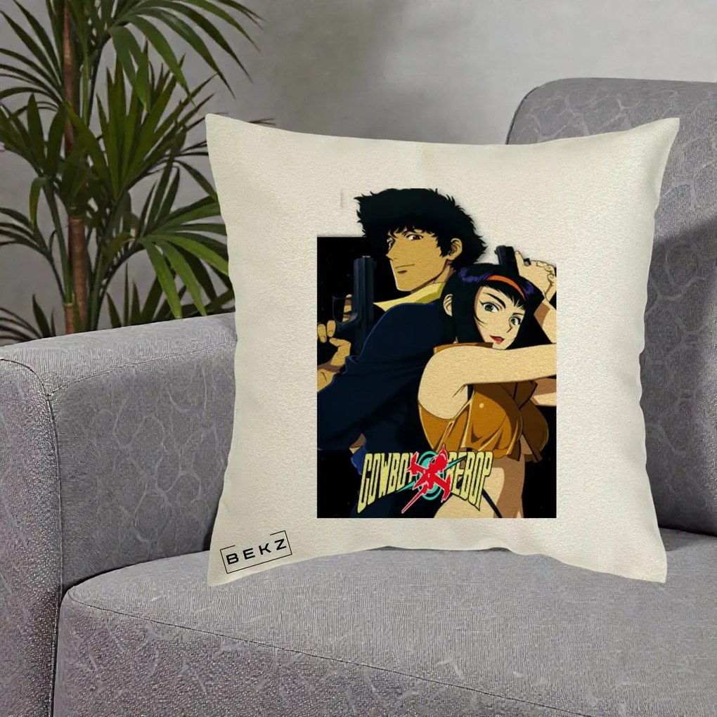 Perna Personalizata Cowboy Bebop Spike si Faye Poster, 40x40 cm, Ecru, Husa Detasabila, Perna Inclusa, BEKZ®