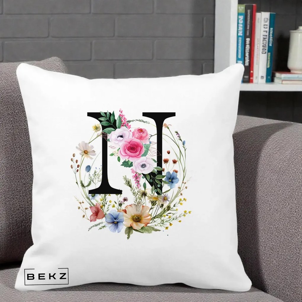 Cadou Personalizat - Perna Personalizata Monogram Litera N cu Flori Acuarela, 40x40 cm, Alba Mata, Husa Detasabila, Perna Inclusa, BEKZ®