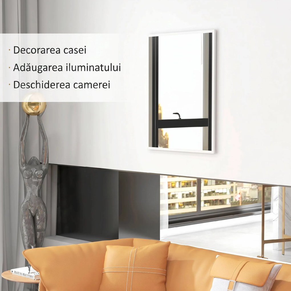 HOMCOM Oglindă de Perete din Sticlă și MDF, 70x90 cm, Alb | Aosom Romania