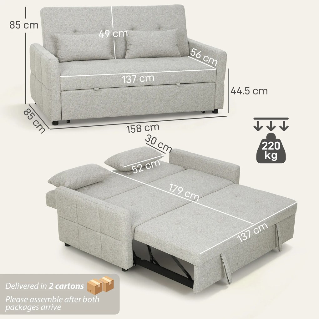 HOMCOM Canapea Pat cu Design Extensibil Clic Clac pentru 2 Locuri - Gri Deschis | Aosom Romania