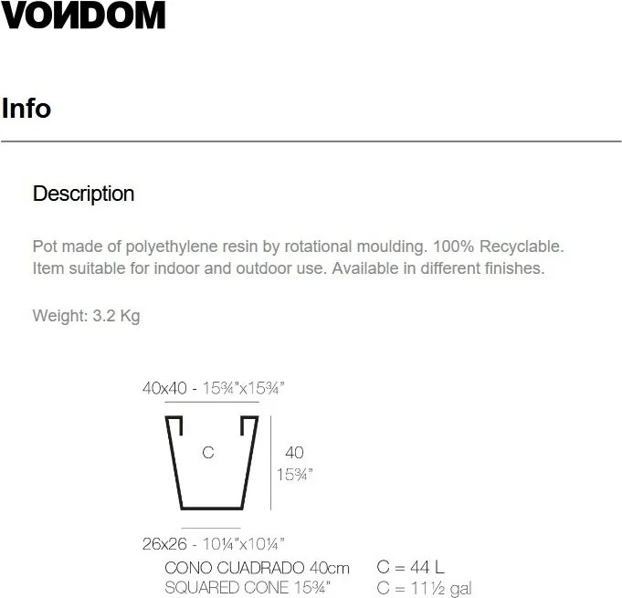 Ghiveci plante, flori design decorativ modern pentru amenajari interioare si exterioare, SQUARE CONE POT 41140R Vondom