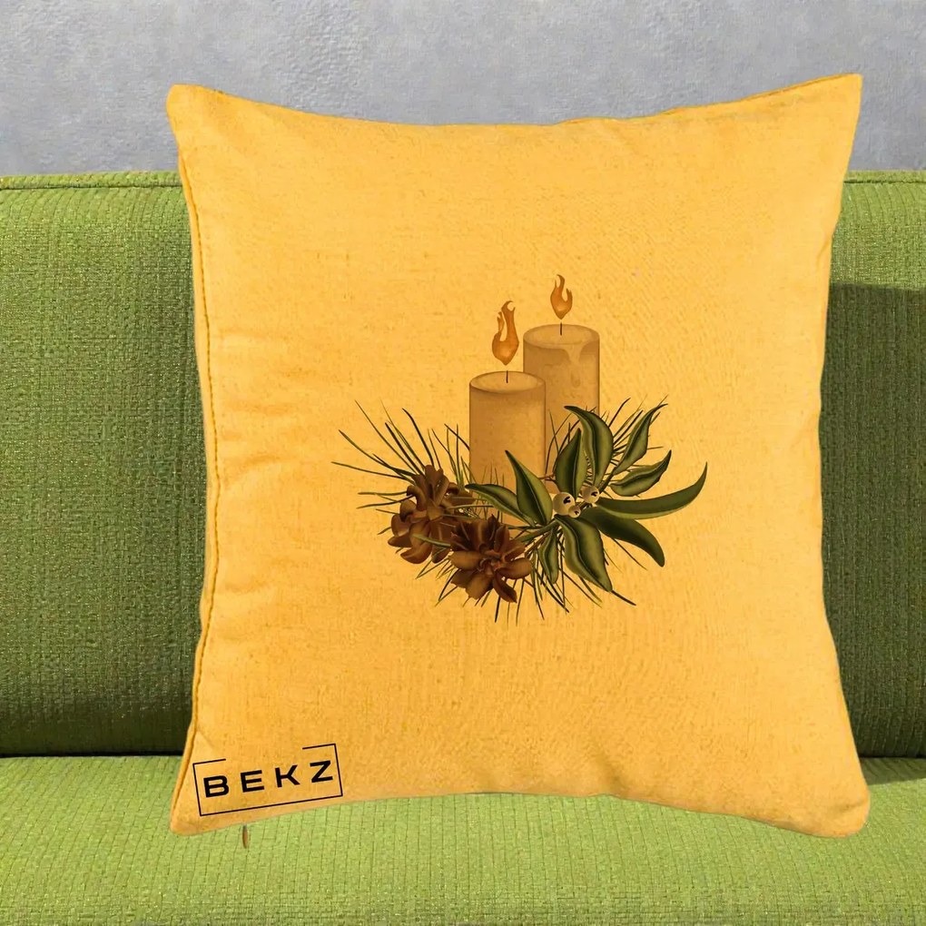 Perna Decorativa Lumanari cu Ilex si Conuri Ilustratie, 40x40 cm, Galben, Husa Detasabila, Perna Inclusa, BEKZ®