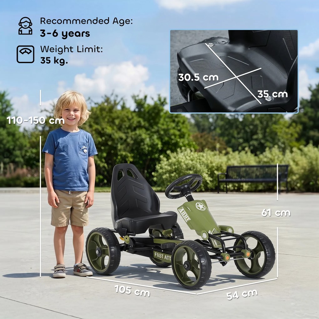 HOMCOM Kart cu Pedale pentru Copii de 3-6 Ani cu Scaun Reglabil și Frână de Mână, 105x54x61 cm, Verde | Aosom Romania