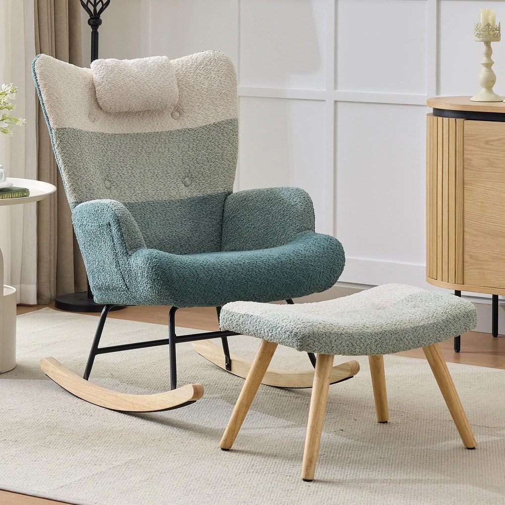 Fotoliu balansoar Bouclé în stil patchwork cu dungi colorate, design ergonomic și spătar înalt, Multicolor