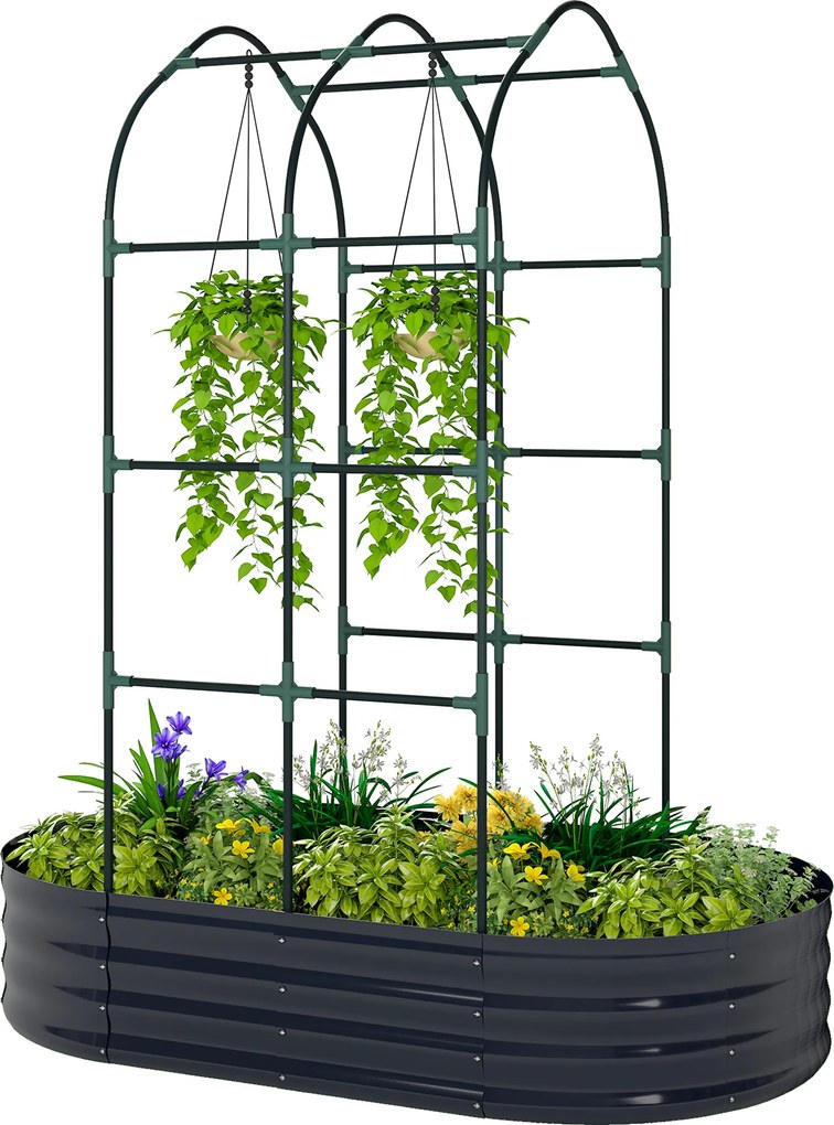 Outsunny Pat înălțat cu spalier, jardiniere metalice cu mănuși cutie de grădină 160 x 90 x 180 cm, Gri închis | Aosom Romania