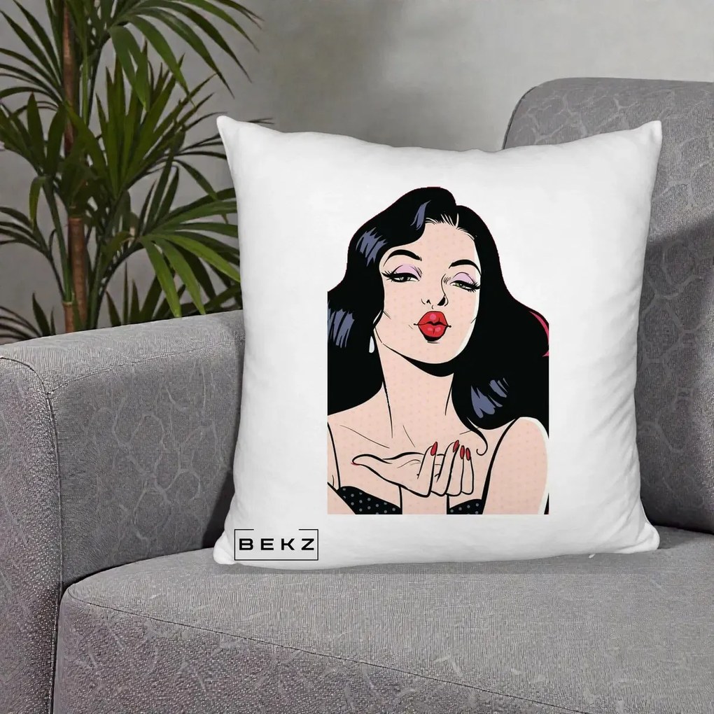 Perna Decorativa Femeie Pop-Art Kiss, 40x40 cm, Alb Pufos, Husa Detasabila, Perna Inclusa, BEKZ®