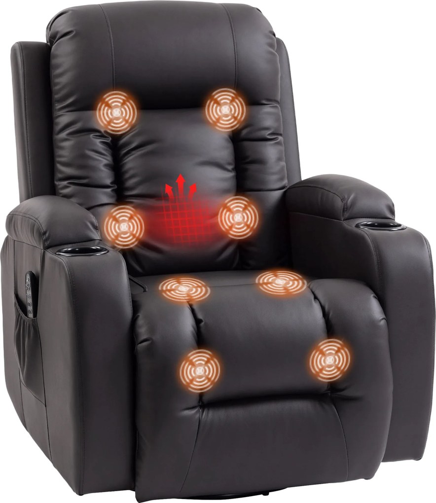 HOMCOM Fotoliu de masaj cu funcție de balans, înclinare și încălzire, 3 moduri, rotativ, Maro închis | Aosom Romania