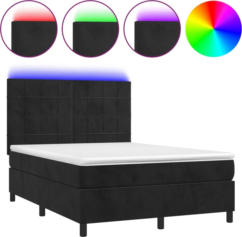 vidaXL Pat cu arcuri, saltea și LED, negru, 140x190 cm, catifea