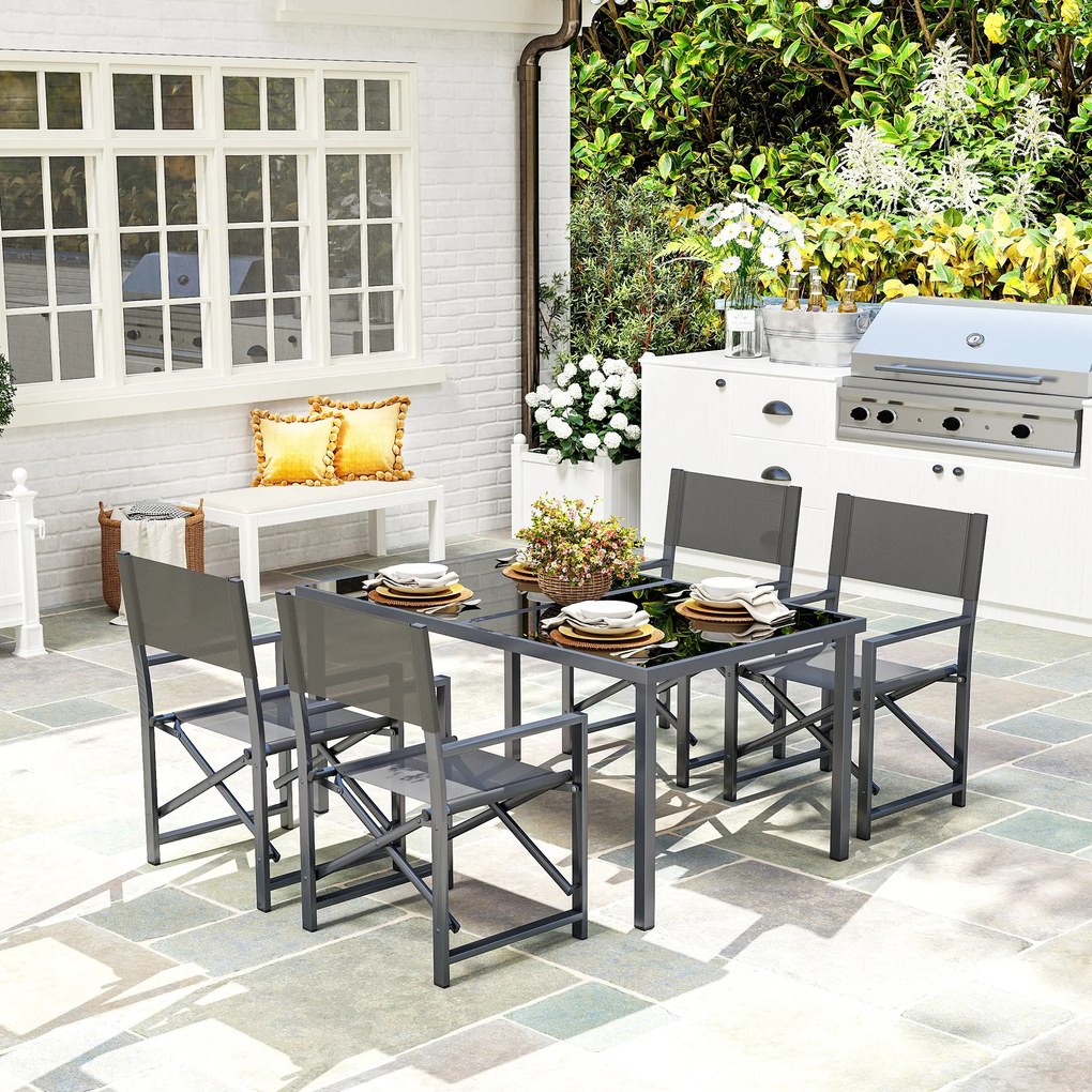 Outsunny Set de masă pentru 5 persoane Grup de scaune din oțel cu 4 scaune pliante Masă de sticlă Gri | Aosom Romania
