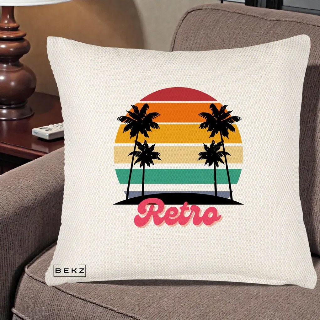Perna Decorativa Retro Sunset Palmieri, 40x40 cm, Crem Reliefat, Husa Detasabila, Perna Inclusa, BEKZ®