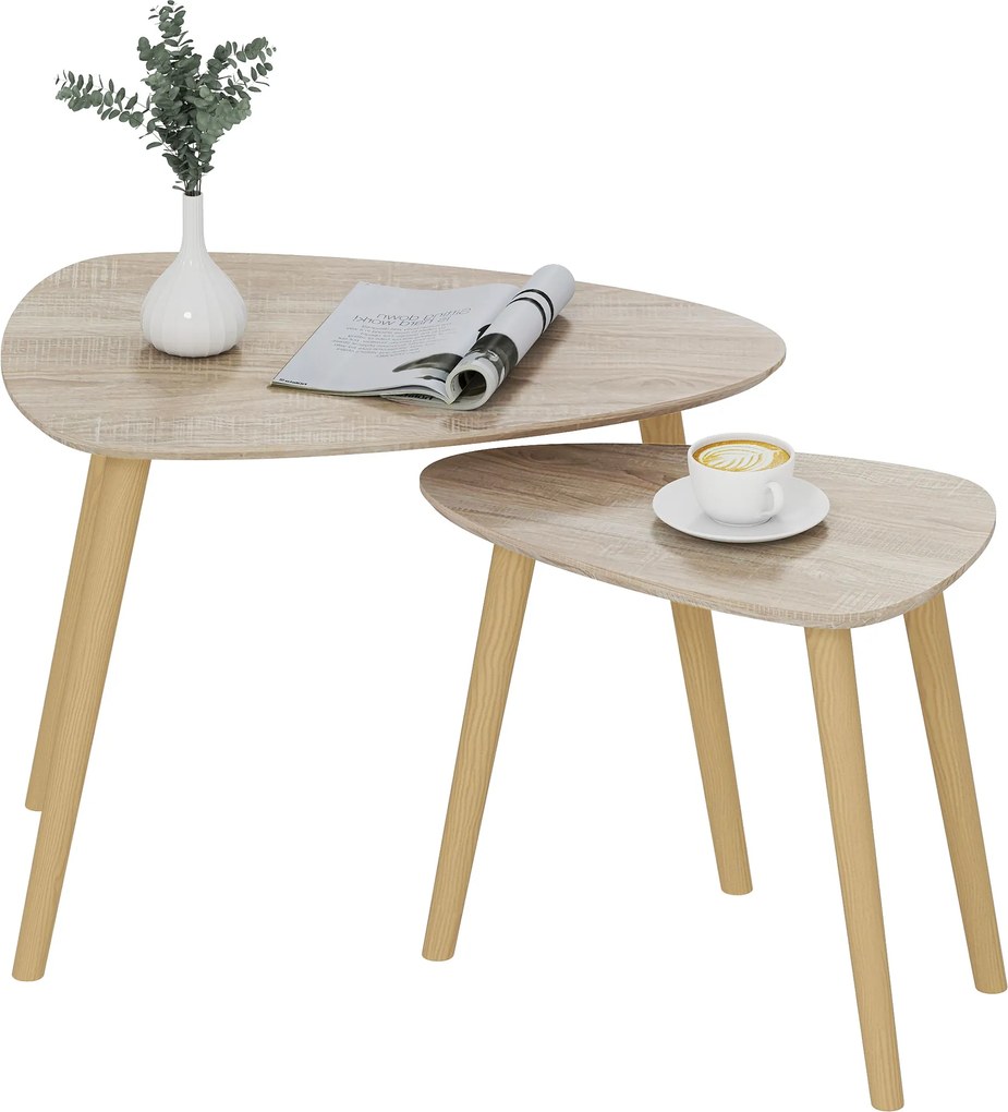 HOMCOM Set de 2 mese de cafea gigogne design scandinav, picioare din lemn și blat din lemn, aspect natural | Aosom Romania