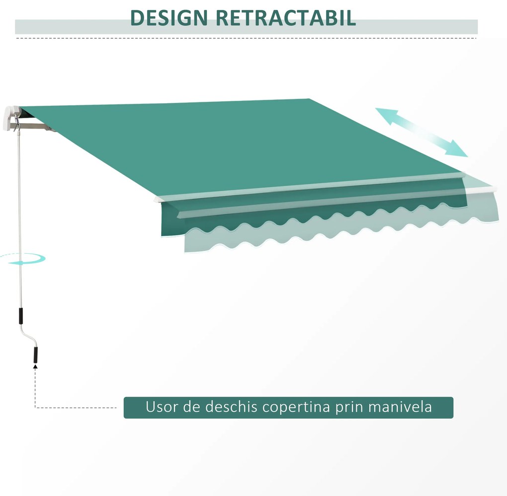 Copertina Soare Retractabila cu Manivela, Outsunny, Metal si Aluminiu, Verde, 400x250cm | Aosom Romania