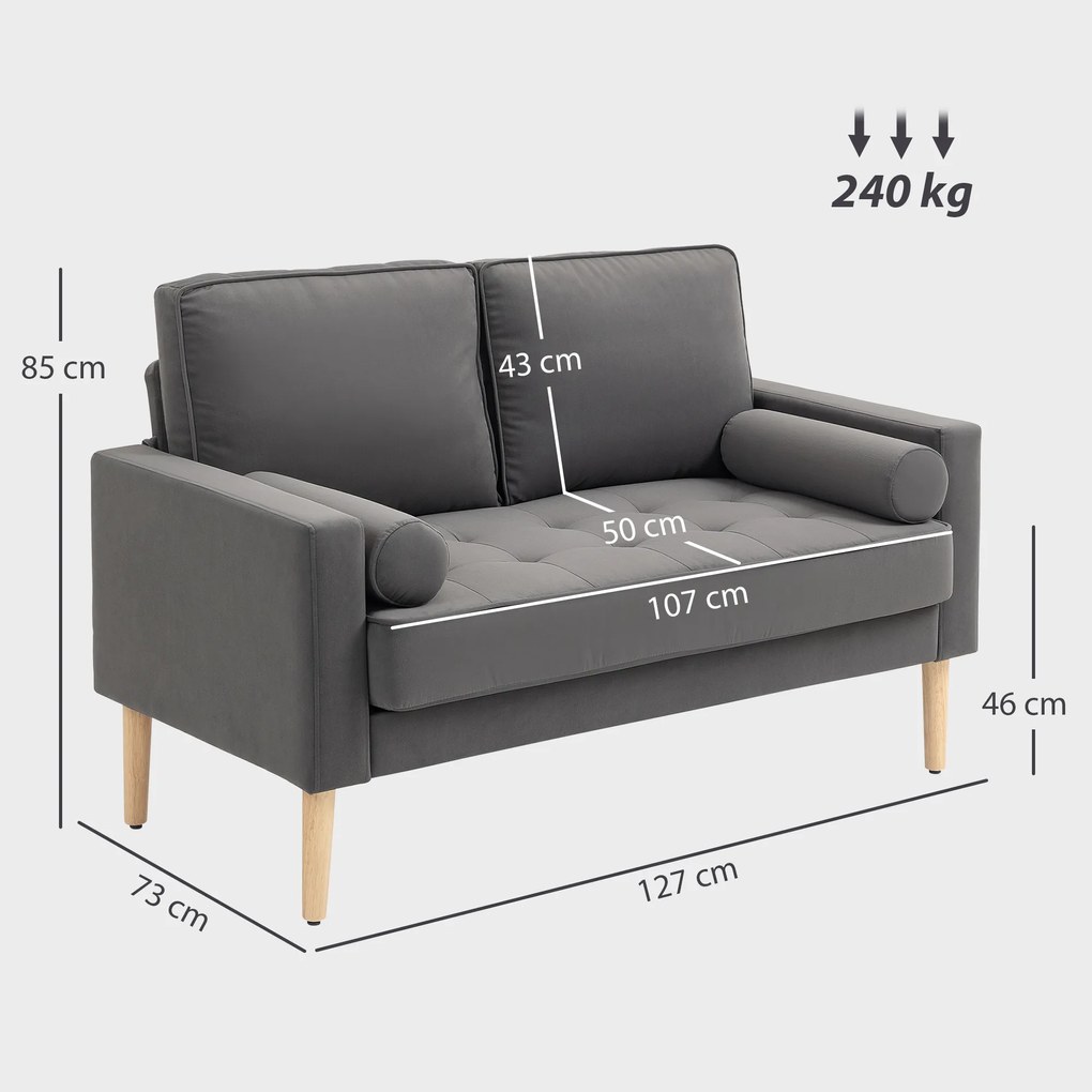 HOMCOM Canapea 2 locuri elegantă din catifea 127 cm cu perne groase, 2 perne și șezut captușit, gri | Aosom Romania